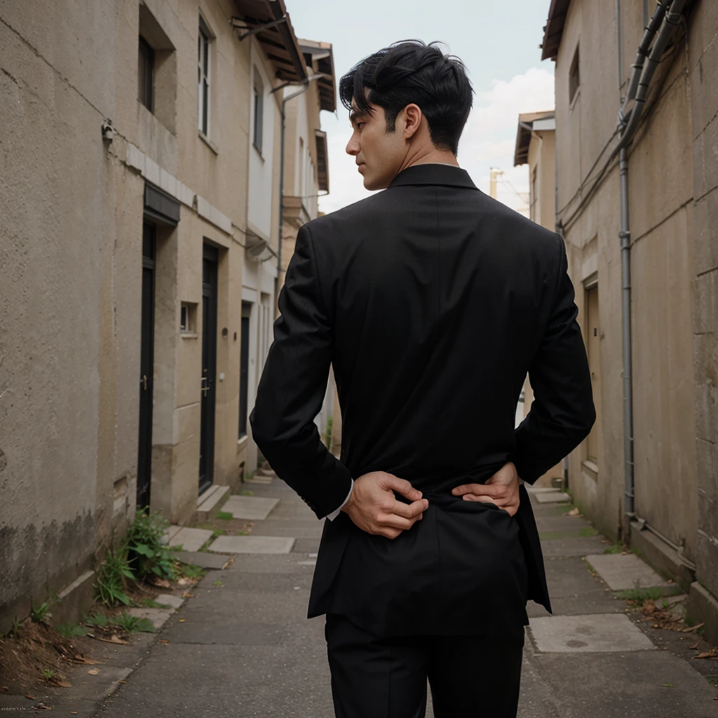 Anime black-haired man wearing a suit with his back turned