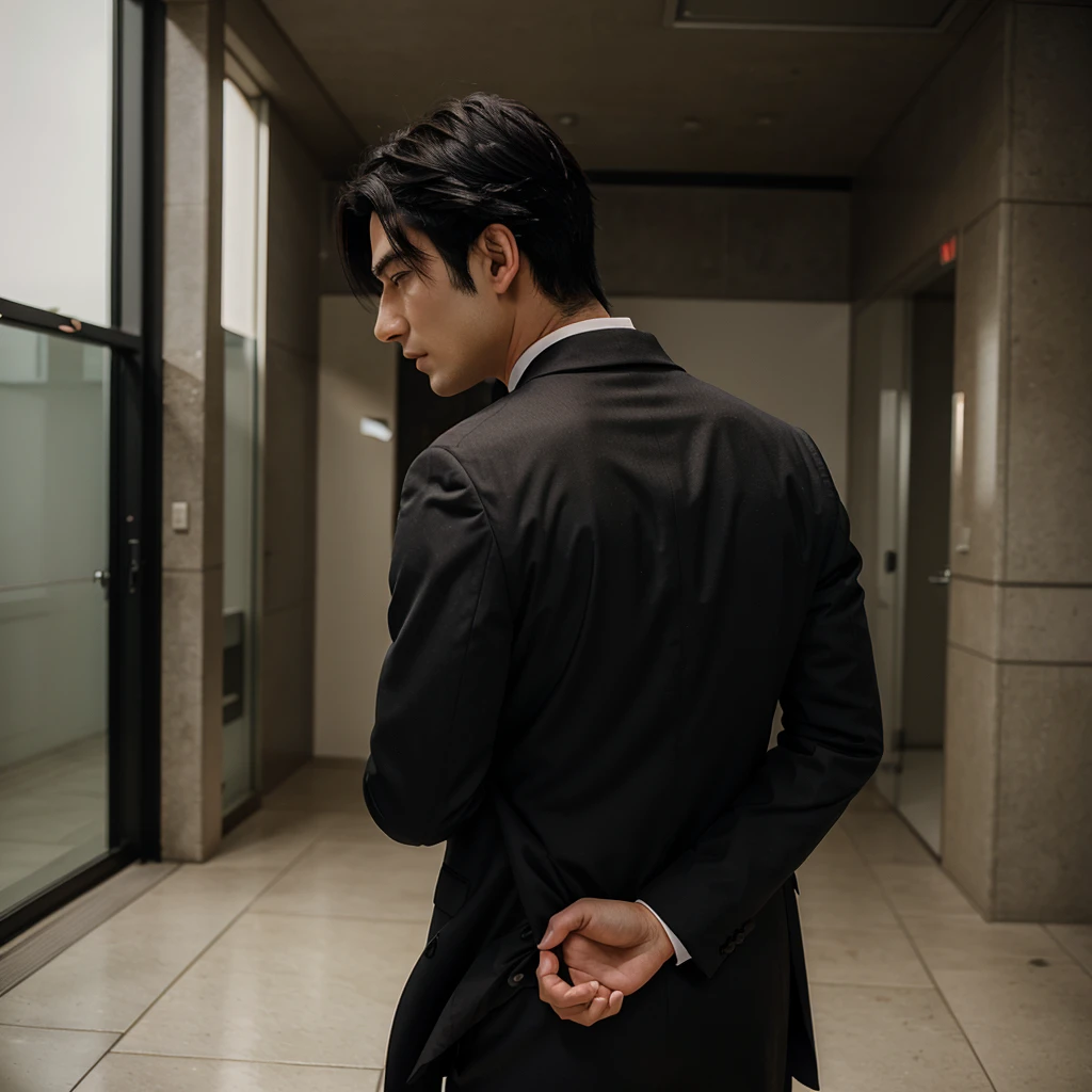 Anime black-haired man wearing a suit with his back turned