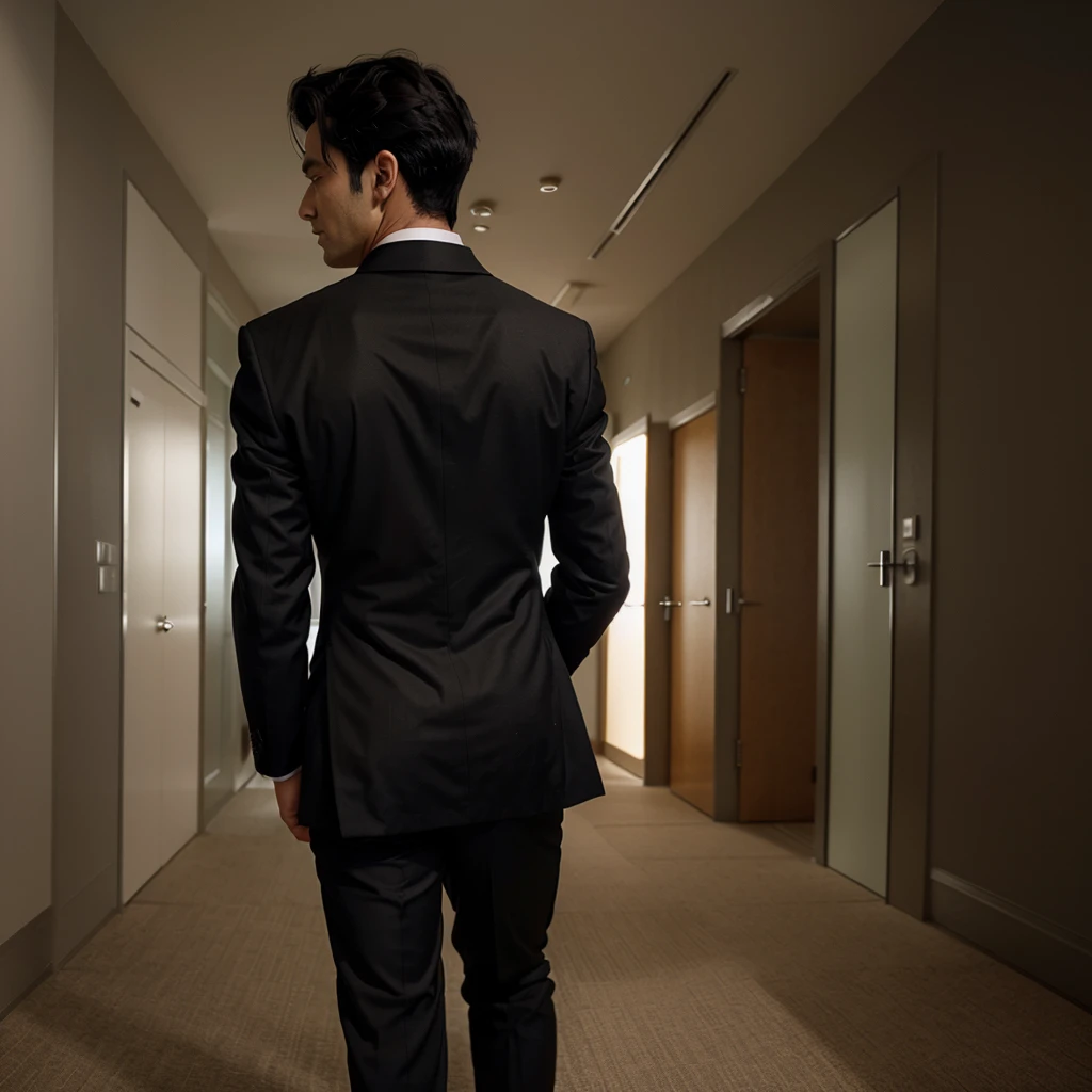 The back view of a Korean man, dressed in a suit, packing his travel bag at home.