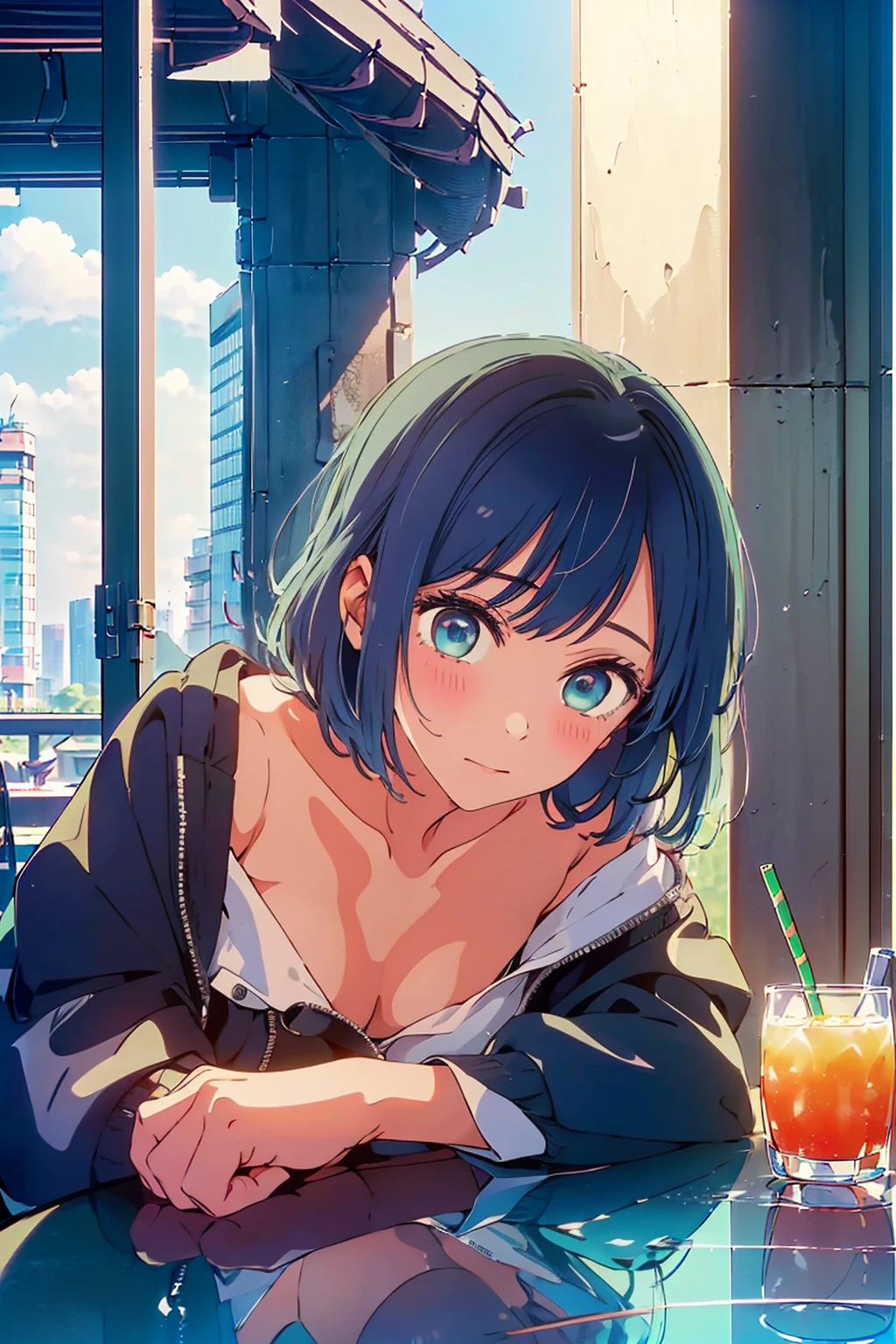(Highest quality、masterpiece、超detailed、Ultra-high resolution、Absurd、Absolute Resolution、8K、detailed:1.4)、F cup bust、Big Breasts、Slim body、Very white beautiful skin、((((1 person、Surprised expression、sit、Chair、In the background are the urban buildings of Tokyo、looking at the camera、Outdoor café terrace、Navy hair color、juice、Shooting up close、Shooting from an angle、table、Very cute face))))、((((nude、very beautiful areola))))、(Pose with hands tucked behind ears:1.4、Cheek resting on hand:1.4)、((Off-the-shoulder blouson、Black blouson with zipper))、Very blue sky、A completely cloudless sky