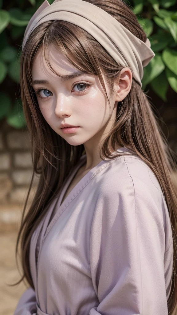 please create a picture of an anime girl with light brown hair and eyes, and a lilac Clan outfit, with a bandana on his forehead, and loose hair
