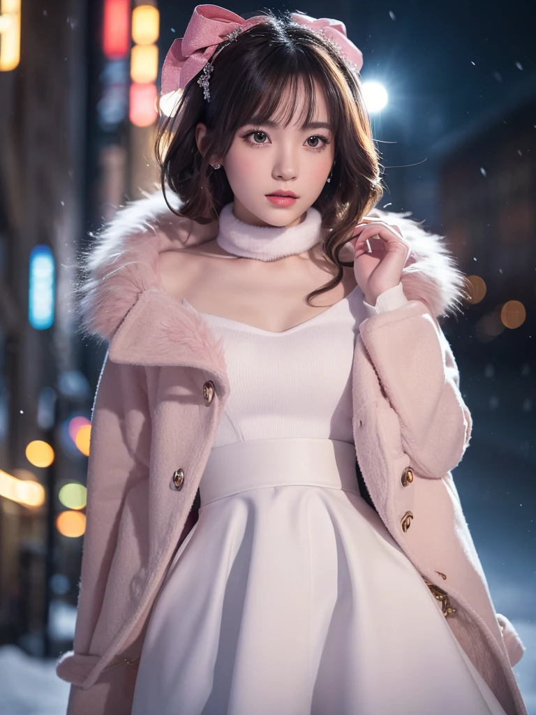 A stunning image of a solo female subject standing tall, looking directly at the viewer with an elegant and detailed gorgeous face. The upper body is framed against a snowy backdrop, illuminated by bright lights that accentuate her pale skin. She wears a twirling pink coat with a fur collar and a matching bow, radiating vivid colors. Composition: 1.3 girl, 1.3 standing, 1.4 looking at viewer. UHD, HDR, and 8K quality render the scene in breathtaking detail.