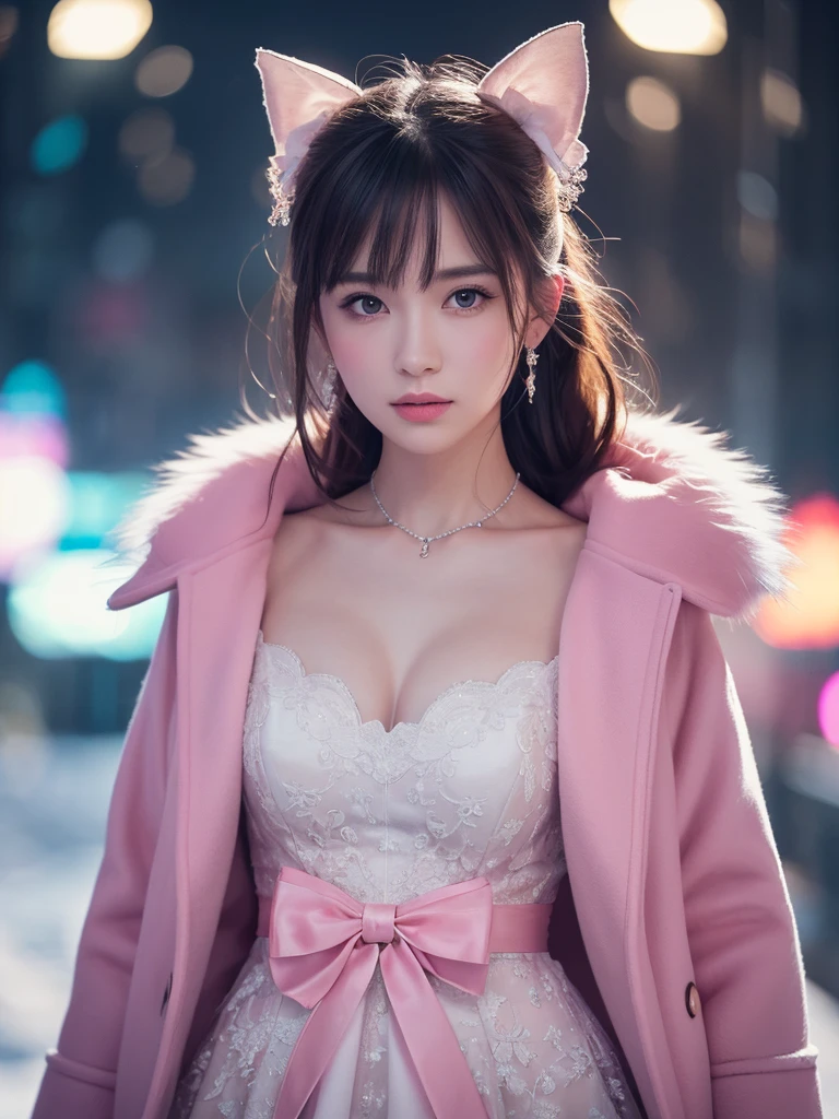 A stunning image of a solo female subject standing tall, looking directly at the viewer with an elegant and detailed gorgeous face. The upper body is framed against a snowy backdrop, illuminated by bright lights that accentuate her pale skin. She wears a twirling pink coat with a fur collar and a matching bow, radiating vivid colors. Composition: 1.3 girl, 1.3 standing, 1.4 looking at viewer. UHD, HDR, and 8K quality render the scene in breathtaking detail.