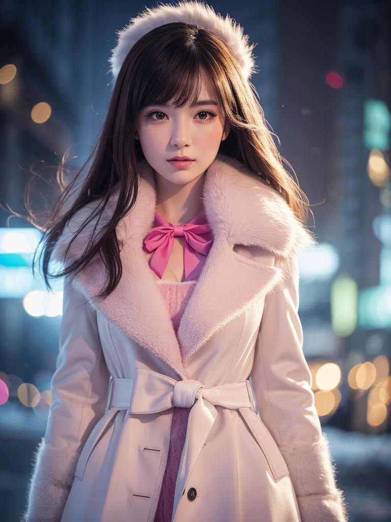 A stunning image of a solo female subject standing tall, looking directly at the viewer with an elegant and detailed gorgeous face. The upper body is framed against a snowy backdrop, illuminated by bright lights that accentuate her pale skin. She wears a twirling pink coat with a fur collar and a matching bow, radiating vivid colors. Composition: 1.3 girl, 1.3 standing, 1.4 looking at viewer. UHD, HDR, and 8K quality render the scene in breathtaking detail.