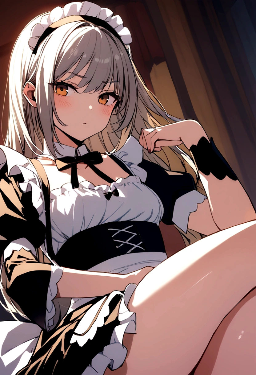 NSFW,koneko toujou (dxd),Gray Hair,short hair,Maid clothes,cropped,Micro Mini Skirt,garter belt,Embarrassed,blush,(Perfect hands),(Perfect Anatomy),(masterpiece),(highest quality),living,sofa,