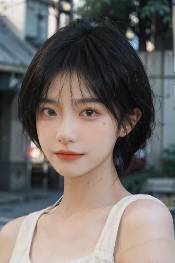 (Skin details:1.4), (smooth skin textures:1.3), Lipstick, background, earrings, serene, calm, (Realistic and detailed eyes：1.2）, Natural skin texture, Realistic facial details, Soft dramatic lighting, Vivid details, 35 mm film, outdoor, (Photo Practical:1.4), (hyper Practical:1.4), (Practical:1.3), (Smoother lighting:1.05), (Improve lighting quality:0.9), (Highest quality real skin textures:1.4), Exquisite eyes, Delicate face, Close-up of face, (Enhance the beauty of skin texture:1.1), Hair details,  Vest，normal body ratio, short hair, Moles under the eyes, thinking, A faint smile,公园background，Portrait Photography, Depth of Field, Bokeh, Surrealism, Ray Tracing, (Portrait Photography:1.1), Surrealism, High Detail, Chiaroscuro, Ray Tracing, reflected light, Ultra HD, Ultra HD, masterpiece, Textured Skin, Super Detail, High Detail, high quality, best quality