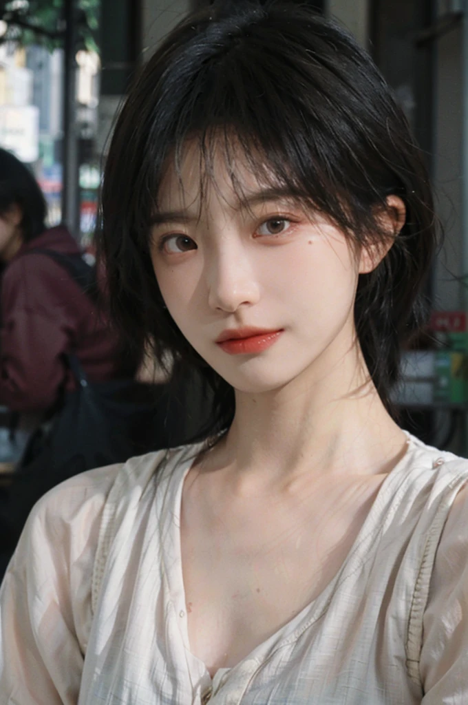(Skin details:1.4), (smooth skin textures:1.3), Lipstick, background, earrings, serene, calm, (Realistic and detailed eyes:1.2), Natural skin texture, Realistic facial details, Soft dramatic lighting, Vivid details, 35 mm film, outdoor, (Photo Practical:1.4), (hyper Practical:1.4), (Practical:1.3), (Smoother lighting:1.05), (Improve lighting quality:0.9), (Highest quality real skin textures:1.4), Exquisite eyes, Delicate face, Close-up of face, (Enhance the beauty of skin texture:1.1), Hair details, Vest,normal body ratio, short hair, Moles under the eyes, thinking, A faint smile,公园background,Portrait Photography, Depth of Field, Bokeh, Surrealism, Ray Tracing, (Portrait Photography:1.1), Surrealism, High Detail, Chiaroscuro, Ray Tracing, reflected light, Ultra HD, Ultra HD, masterpiece, Textured Skin, Super Detail, High Detail, high quality, best quality