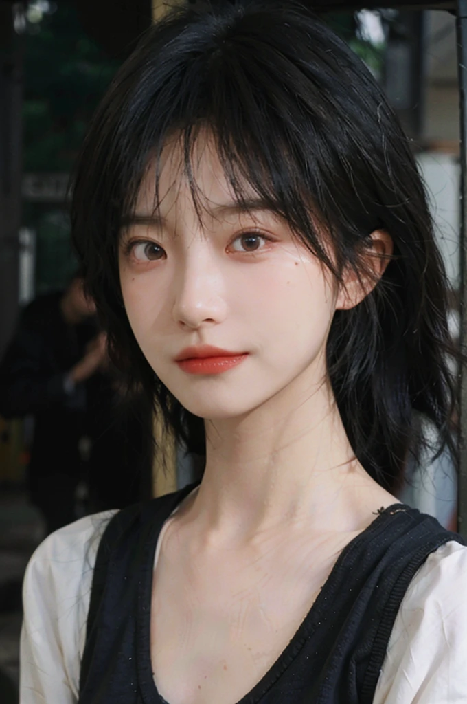 (Skin details:1.4), (smooth skin textures:1.3), Lipstick, background, earrings, serene, calm, (Realistic and detailed eyes：1.2）, Natural skin texture, Realistic facial details, Soft dramatic lighting, Vivid details, 35 mm film, outdoor, (Photo Practical:1.4), (hyper Practical:1.4), (Practical:1.3), (Smoother lighting:1.05), (Improve lighting quality:0.9), (Highest quality real skin textures:1.4), Exquisite eyes, Delicate face, Close-up of face, (Enhance the beauty of skin texture:1.1), Hair details,  Vest，normal body ratio, short hair, Moles under the eyes, thinking, A faint smile,公园background，Portrait Photography, Depth of Field, Bokeh, Surrealism, Ray Tracing, (Portrait Photography:1.1), Surrealism, High Detail, Chiaroscuro, Ray Tracing, reflected light, Ultra HD, Ultra HD, masterpiece, Textured Skin, Super Detail, High Detail, high quality, best quality