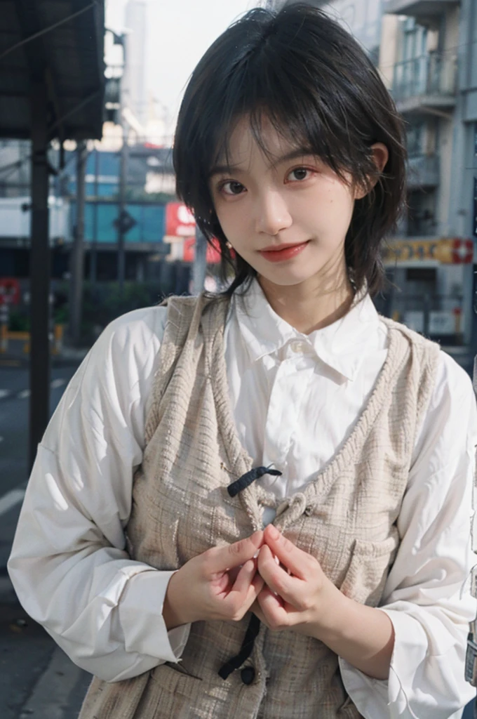 (Skin details:1.4), (smooth skin textures:1.3), Lipstick, background, earrings, serene, calm, (Realistic and detailed eyes:1.2), Natural skin texture, Realistic facial details, Soft dramatic lighting, Vivid details, 35 mm film, outdoor, (Photo Practical:1.4), (hyper Practical:1.4), (Practical:1.3), (Smoother lighting:1.05), (Improve lighting quality:0.9), (Highest quality real skin textures:1.4), Exquisite eyes, Delicate face, Close-up of face, (Enhance the beauty of skin texture:1.1), Hair details, Vest,normal body ratio, short hair, Moles under the eyes, thinking, A faint smile,公园background,Portrait Photography, Depth of Field, Bokeh, Surrealism, Ray Tracing, (Portrait Photography:1.1), Surrealism, High Detail, Chiaroscuro, Ray Tracing, reflected light, Ultra HD, Ultra HD, masterpiece, Textured Skin, Super Detail, High Detail, high quality, best quality