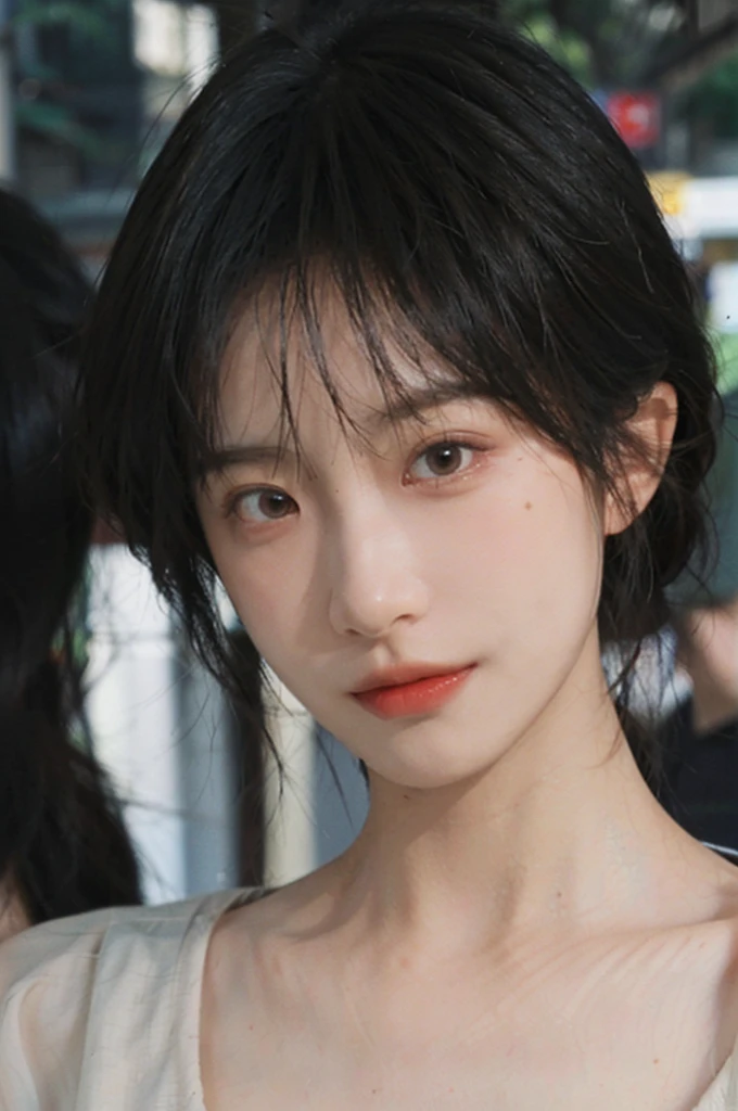 (Skin details:1.4), (smooth skin textures:1.3), Lipstick, background, earrings, serene, calm, (Realistic and detailed eyes:1.2), Natural skin texture, Realistic facial details, Soft dramatic lighting, Vivid details, 35 mm film, outdoor, (Photo Practical:1.4), (hyper Practical:1.4), (Practical:1.3), (Smoother lighting:1.05), (Improve lighting quality:0.9), (Highest quality real skin textures:1.4), Exquisite eyes, Delicate face, Close-up of face, (Enhance the beauty of skin texture:1.1), Hair details, Vest,normal body ratio, short hair, Moles under the eyes, thinking, A faint smile,公园background,Portrait Photography, Depth of Field, Bokeh, Surrealism, Ray Tracing, (Portrait Photography:1.1), Surrealism, High Detail, Chiaroscuro, Ray Tracing, reflected light, Ultra HD, Ultra HD, masterpiece, Textured Skin, Super Detail, High Detail, high quality, best quality