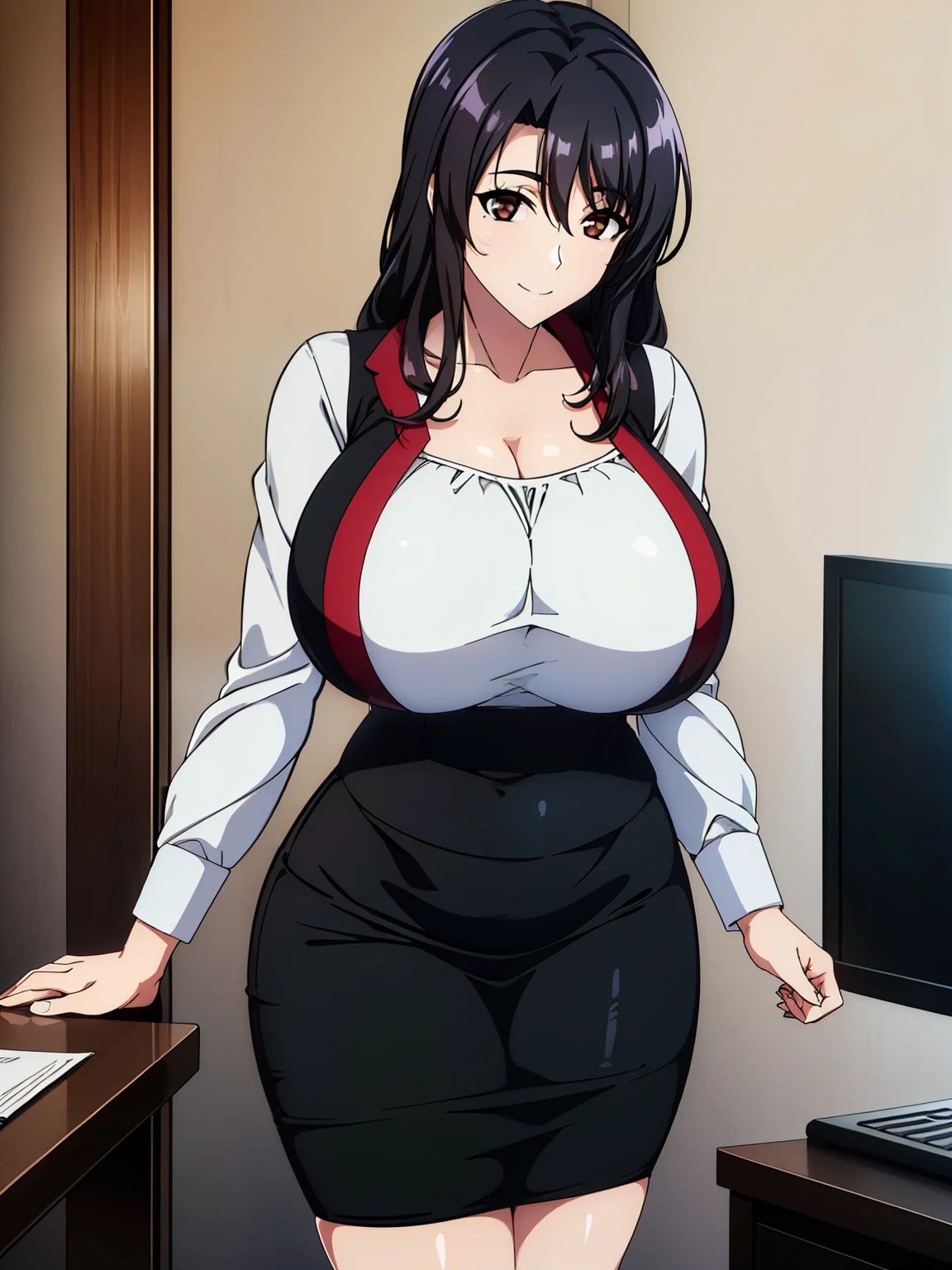 (超High resolution,4K,Very detailed, photograph, 8K, High resolution, High resolution, Absurd:1.2),35-year-old Japanese woman,Mature Body,expensive,(Long black hair:1.4),Beautiful character design,Beautifully detailed eye depiction,Perfect Face,Expressive eyes,Brown eyes,(smile:1.2),((Business services,Black Blazer,White Cutter Shirt,Black Long Pencil Skirt,With slit,pumps)),(Huge saggy breasts:1.2),Tight waist,In the office,Daytime,Cowboy Shot