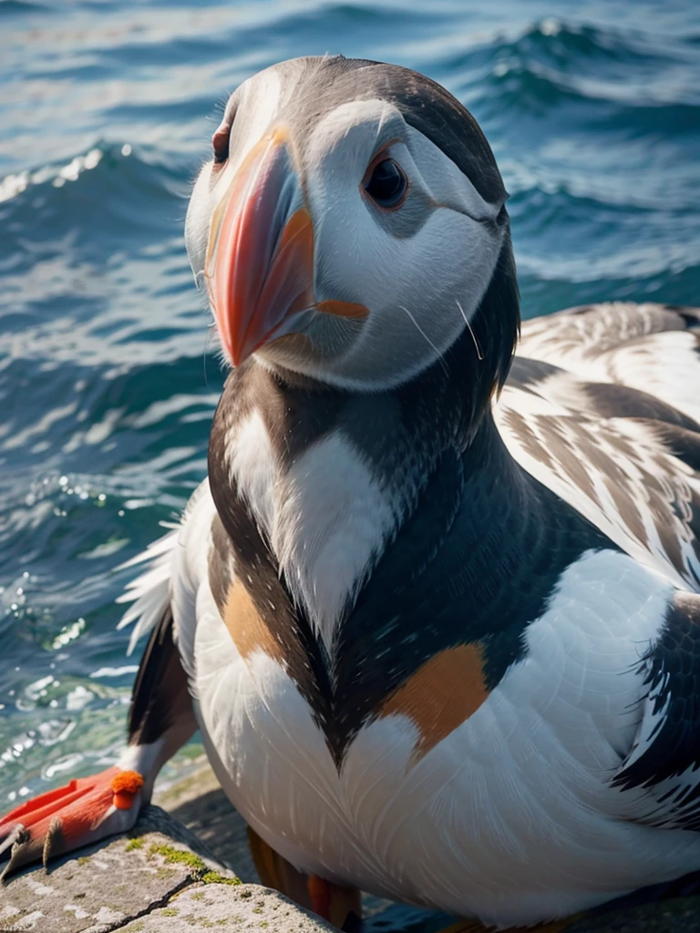 realistic photo of a puffin, with its colorful patterns. Stunning detail, stunning realism, stunning 8k definition, stunning focus. The most fantastic photo ever made.