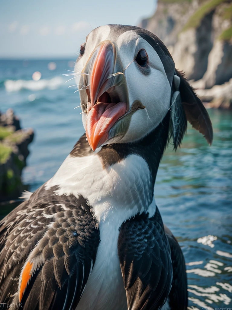 realistic photo of a puffin, with its colorful patterns. Stunning detail, stunning realism, stunning 8k definition, stunning focus. The most fantastic photo ever made.
