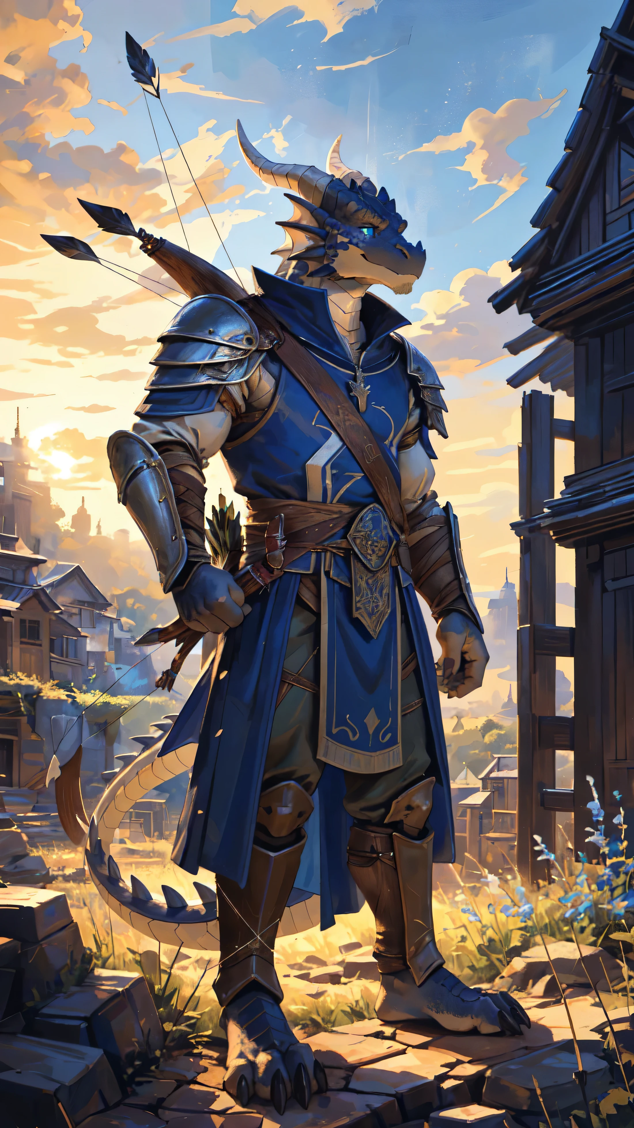 ((middle Ages:1.3,Range background:1.5)),Royal Family:1.2,((Holding a bow and arrow:1.5)),((sunny:1.4)),high resolution,4K,(((9:16 Whole body:1.1,Strike a pose:1.5))),masterpiece,high quality,((Dragon Archer,bow and arrow:1.4)),male,龙Furry,(ager:1.3),hairy,((Heroic and Calm:1.4)),(((Slender face:1.2,Lean:1.2,Long legs:1.3,Thick 龙 tail:1.2))),(((Gray head:1.2,Blue pupils:1.2,neck:1.3,Gray Hands:1.4,muscle:1.3))),(((White Armor:1.3,There is a blue flag on the armor:1.4))),Exquisite eyes,Detailed body,Detailed hands,Detailed feet,Kenket's Art