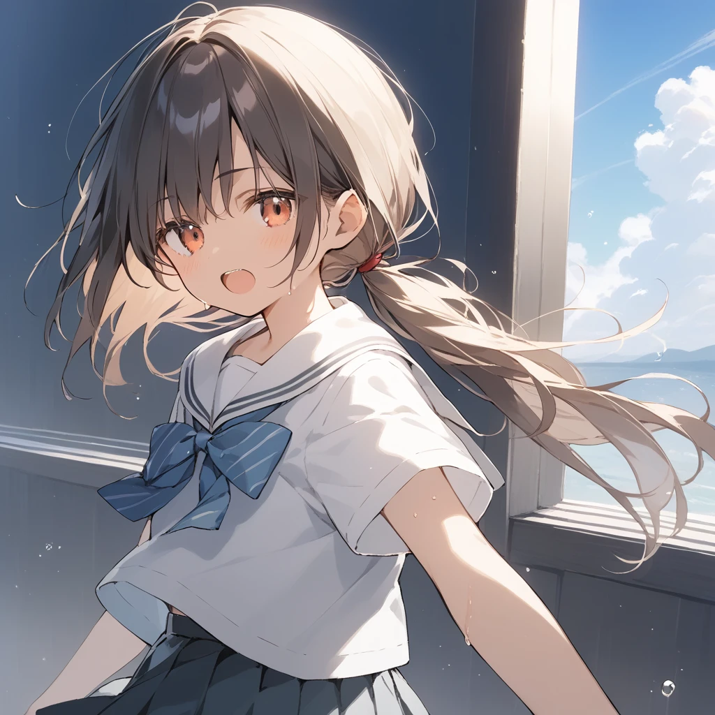 score_9, score_8_up, score_7_up, source_anime, best quality, masterpiece, official art, absurdres, highres, ultra-detailed,waifu2x,Collection: Slice of Life,break,1girl, tomboy, dark-skinned female, short hair, low ponytail, flat chest, beautiful detailed eyes, school_uniform, pleated skirt, sweat, open mouth, (yawn:0.3), sleepily, outdoors, wind, break,(clear line illustration:1.2),very high resolution, very aesthetic, super detailed skin, Best sexual lighting powered by famous artist, 8k,cute picture,beauty illustration,photoshop_(medium),,(Detailed Lighting),best anime 8k konachan wallpaper, pixiv contest winner,