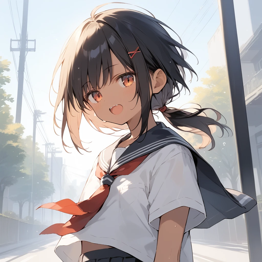 score_9, score_8_up, score_7_up, source_anime, best quality, masterpiece, official art, absurdres, highres, ultra-detailed,waifu2x,Collection: Slice of Life,break,1girl, tomboy, dark-skinned female, short hair, low ponytail, flat chest, beautiful detailed eyes, school_uniform, pleated skirt, sweat, open mouth, (yawn:0.3), sleepily, outdoors, wind, break,(clear line illustration:1.2),very high resolution, very aesthetic, super detailed skin, Best sexual lighting powered by famous artist, 8k,cute picture,beauty illustration,photoshop_(medium),,(Detailed Lighting),best anime 8k konachan wallpaper, pixiv contest winner,