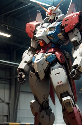 Highest quality、Fantasy、masterpiece、The whole body of a giant robot like Gundam、In the spaceship hangar、Standing under the light、Blue on white、red、Yellow coloring、Glossy body with exquisite details、Well-proportioned limbs、A detailed depiction of a knight's helmet-like head、A precisely drawn robot face、A large shield, like that of a knight, drawn in great detail、Cluttered spaceship hangar