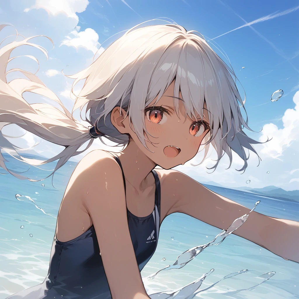 score_9, score_8_up, score_7_up, source_anime, best quality, masterpiece, official art, absurdres, highres, ultra-detailed,waifu2x,Collection: Slice of Life,break,1girl, tomboy, dark-skinned female, short hair, low ponytail, flat chest, beautiful detailed eyes, swimsuit, sweat, open mouth, (yawn:0.3), sleepily, ocean, outdoors, wind, break,(clear line illustration:1.2),very high resolution, very aesthetic, super detailed skin, Best sexual lighting powered by famous artist, 8k,cute picture,beauty illustration,photoshop_(medium),,(Detailed Lighting),best anime 8k konachan wallpaper, pixiv contest winner, 