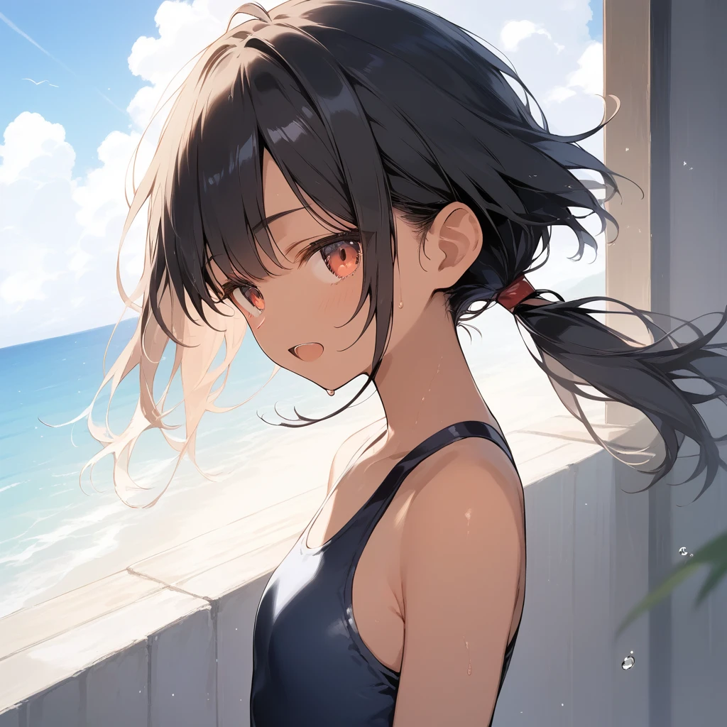 score_9, score_8_up, score_7_up, source_anime, best quality, masterpiece, official art, absurdres, highres, ultra-detailed,waifu2x,Collection: Slice of Life,break,1girl, tomboy, dark-skinned female, short hair, low ponytail, flat chest, beautiful detailed eyes, swimsuit, sweat, open mouth, (yawn:0.3), sleepily, ocean, outdoors, wind, break,(clear line illustration:1.2),very high resolution, very aesthetic, super detailed skin, Best sexual lighting powered by famous artist, 8k,cute picture,beauty illustration,photoshop_(medium),,(Detailed Lighting),best anime 8k konachan wallpaper, pixiv contest winner,