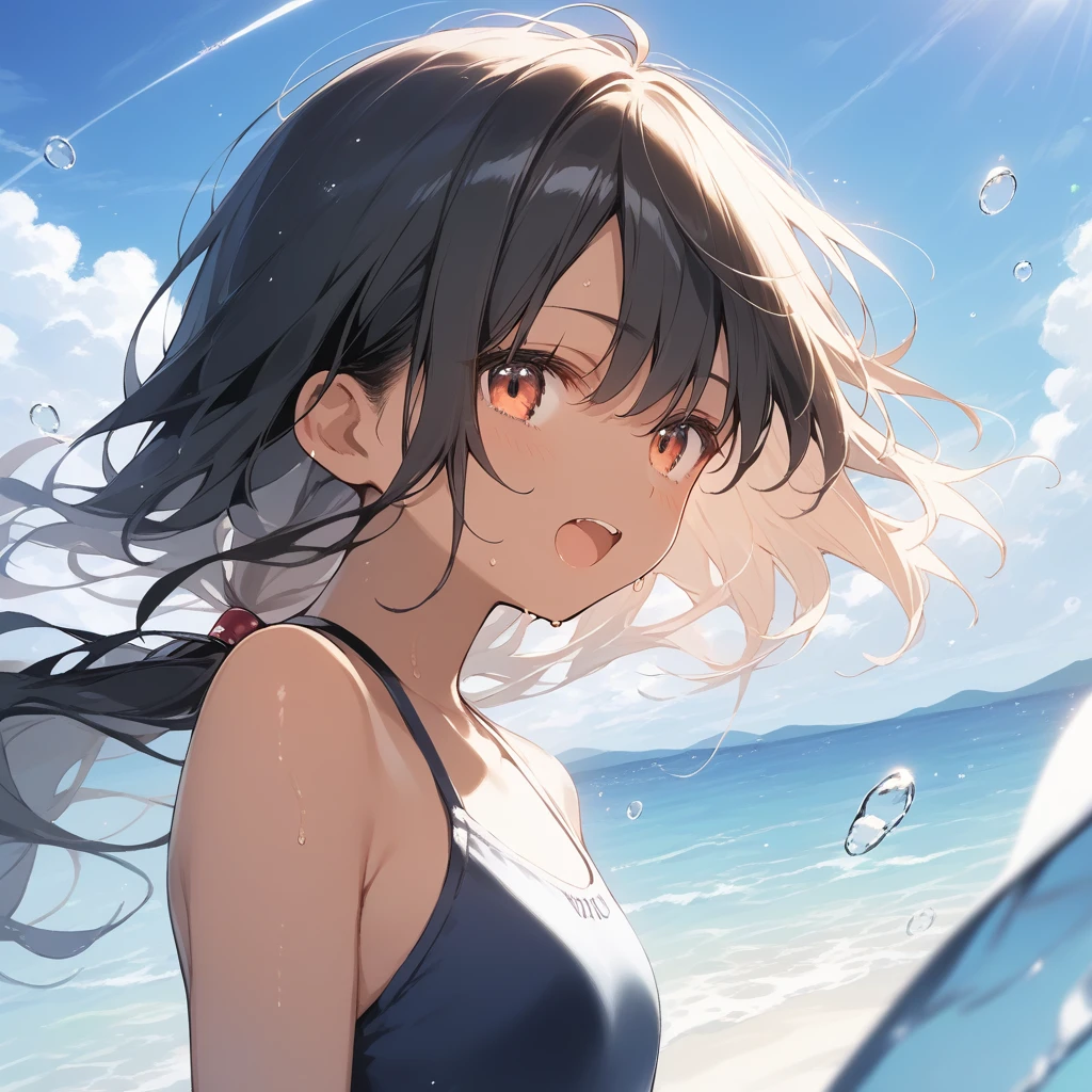 score_9, score_8_up, score_7_up, source_anime, best quality, masterpiece, official art, absurdres, highres, ultra-detailed,waifu2x,Collection: Slice of Life,break,1girl, tomboy, dark-skinned female, short hair, low ponytail, flat chest, beautiful detailed eyes, swimsuit, sweat, open mouth, (yawn:0.3), sleepily, ocean, outdoors, wind, break,(clear line illustration:1.2),very high resolution, very aesthetic, super detailed skin, Best sexual lighting powered by famous artist, 8k,cute picture,beauty illustration,photoshop_(medium),,(Detailed Lighting),best anime 8k konachan wallpaper, pixiv contest winner,