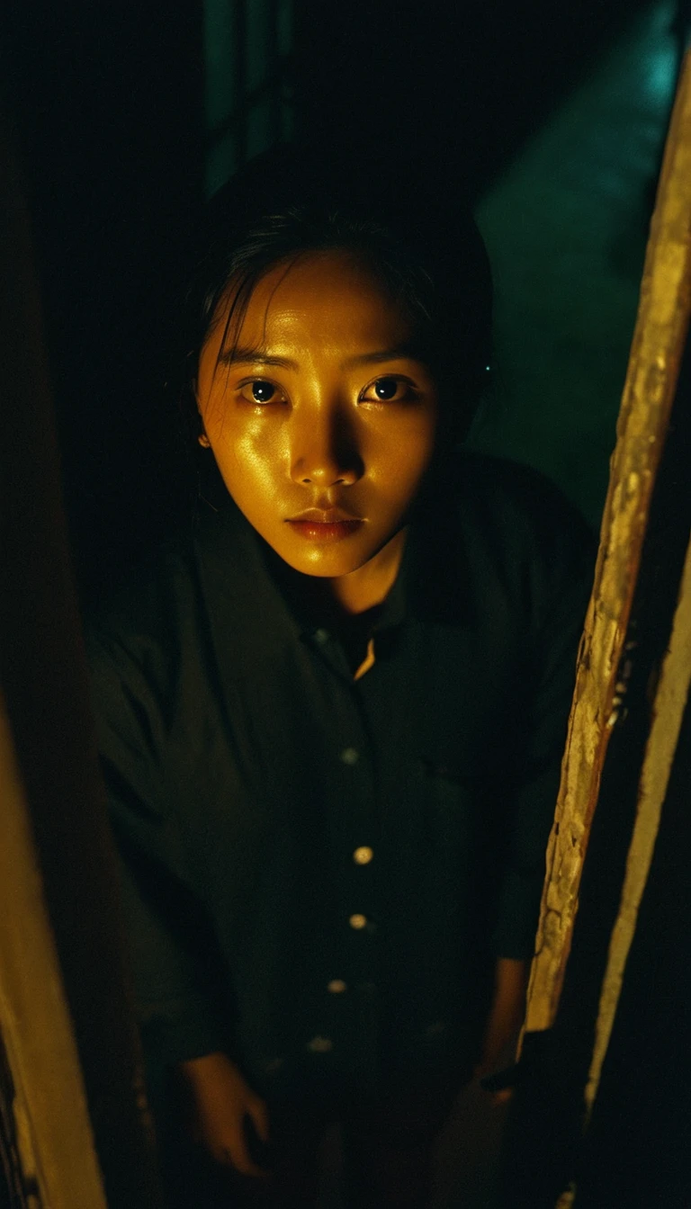 Extreme high angle shot from above, night, indonesian girl, looking at camera, drama movie, movie still, lighting through window, shadows on face, wong kar wai color palette