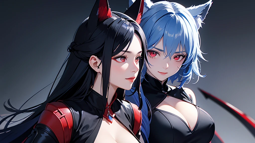 Neko Girl, shark teeth, shaggy black hair, ragged pupils, bright red eyes, fierce, angry, ostentatious, cross-eyed, high quality, skin spots, skin blemishes, good anatomy, well drawn hands, well drawn face, good proportions