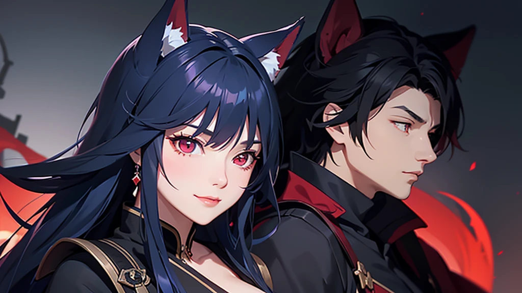 A close-up of her cleavage from a profile angle。
Mature Woman。Smiling and looking up。
Assassin holds his weapon。
Dark Background。
Long blue hair and wolf ears。Red eyes。
Clothes with main color black and sub color red。
Draw hands in detail。