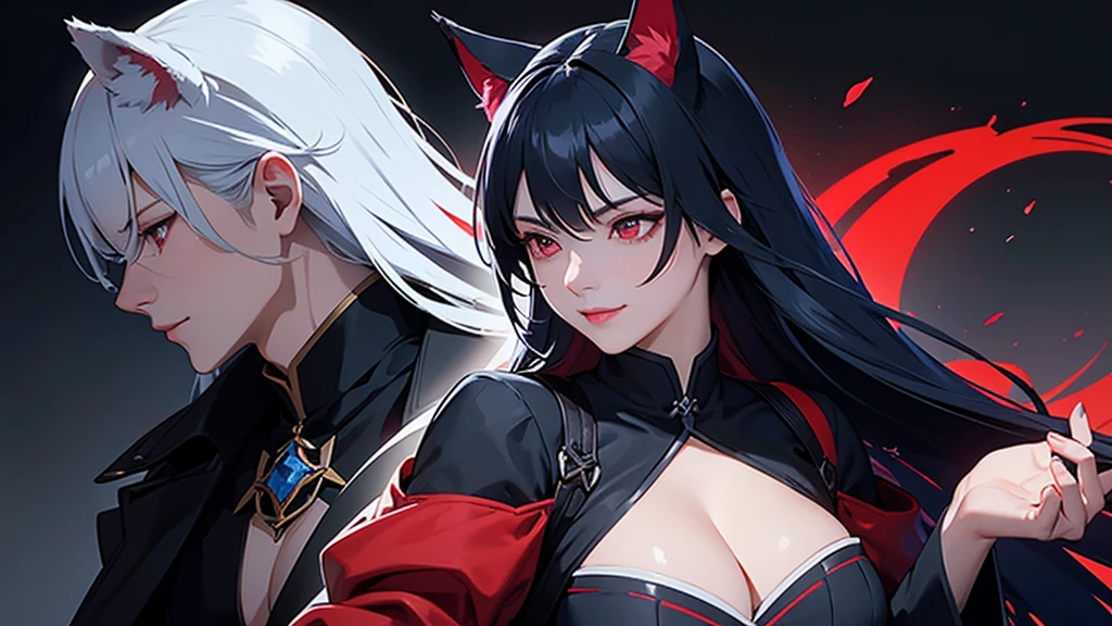 A close-up of her cleavage from a profile angle。
Mature Woman。Smiling and looking up。
Assassin holds his weapon。
Dark Background。
Long blue hair and wolf ears。Red eyes。
Clothes with main color black and sub color red。
Draw hands in detail。