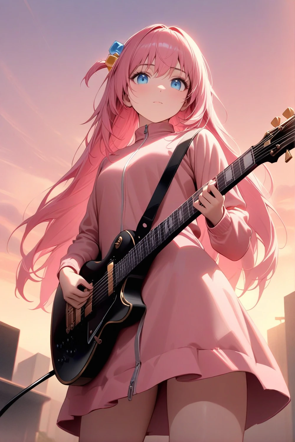 (semi-realistic:0.8), masterpiece, best quality, super detail, scenary, sunset, 1girl, solo, cube hair ornament, pink hair, long hair, beautiful eyes, closed mouth, pink jacket, hands hodling Gibson Les Paul electric guitar, standing, looking at viewer, front, front view, from below, cowboy shot