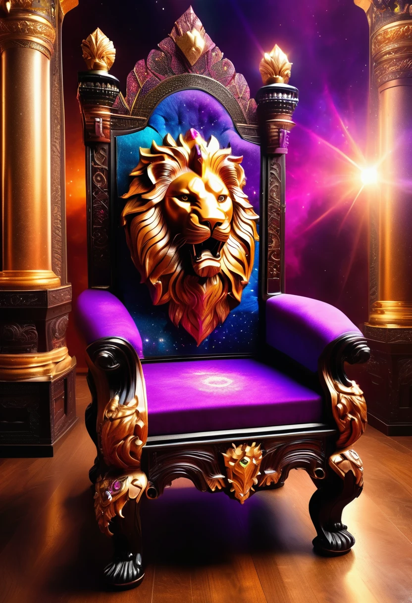 a picture of a massive epic throne, it has purple silk cushions, rubies, topaz, aquamarine gemstones artwork, the throne is epic in its majestic, power, and royalty, symmetric with many wood leonine carvings on the handle, (a roaring lion head carved on the top of the seat of the throne: 1.3), there is and gem artwork, behind the throne there are stars and nebulas of space a sense of high royalty, nobility and magic , (masterpiece: 1.4) intense details, highly detailed, photorealistic, best quality, highres,16k, [ultra detailed], masterpiece, best quality, (extremely detailed), close up, ultra wide shot, photorealistic, RAW, fantasy art, dnd art, fantasy art, realistic art,((best quality)), ((masterpiece)), (detailed: 1.5), ladyshadow, RagingNebula