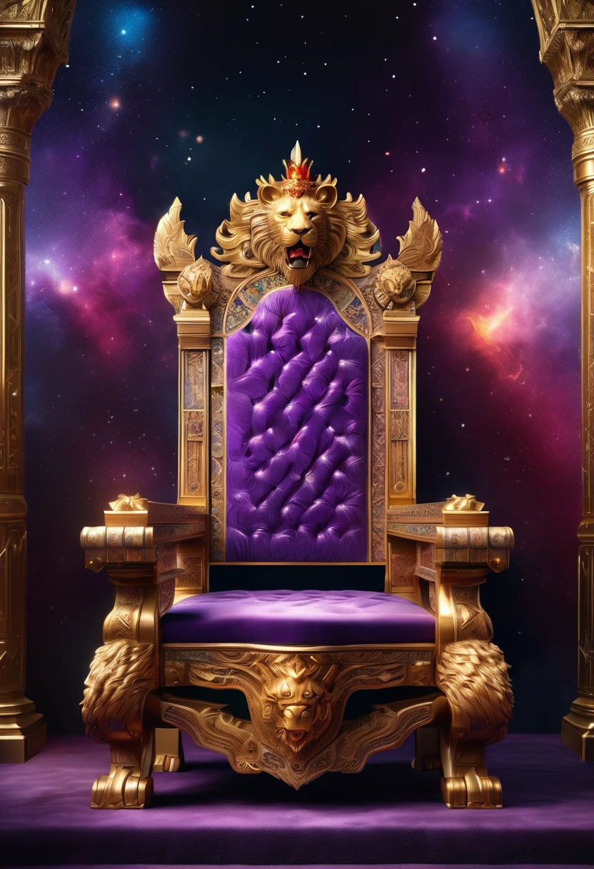 a picture of a massive epic throne, it has purple silk cushions, rubies, topaz, aquamarine gemstones artwork, the throne is epic in its majestic, power, and royalty, symmetric with many wood leonine carvings on the handle, (a roaring lion head carved on the top of the seat of the throne: 1.3), there is and gem artwork, behind the throne there are stars and nebulas of space a sense of high royalty, nobility and magic , (masterpiece: 1.4) intense details, highly detailed, photorealistic, best quality, highres,16k, [ultra detailed], masterpiece, best quality, (extremely detailed), close up, ultra wide shot, photorealistic, RAW, fantasy art, dnd art, fantasy art, realistic art,((best quality)), ((masterpiece)), (detailed: 1.5), ladyshadow, RagingNebula