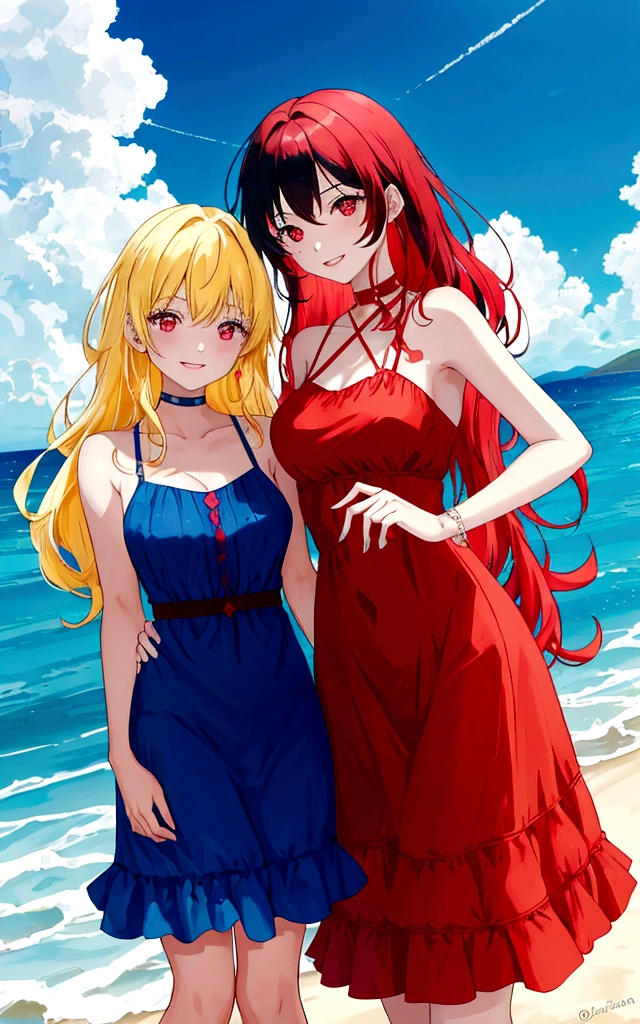 two women on the beach. The first woman has black hair and red eyes and wears a red beach dress, while the second woman has orange hair and pink eyes and wears a pink beach dress.