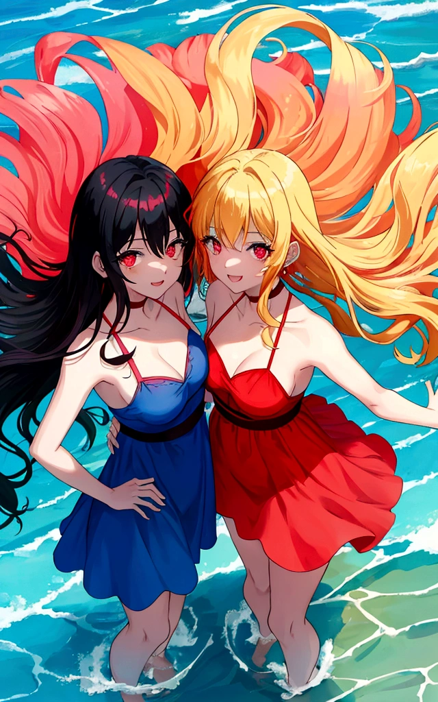 two women on the beach which has clear blue water, bright shining skies. . The first woman has black hair and red eyes and wears a red beach dress, while the second woman has blonde hair and pink eyes and wears a blue beach dress.they were both playing in the water and smiling brightly 
