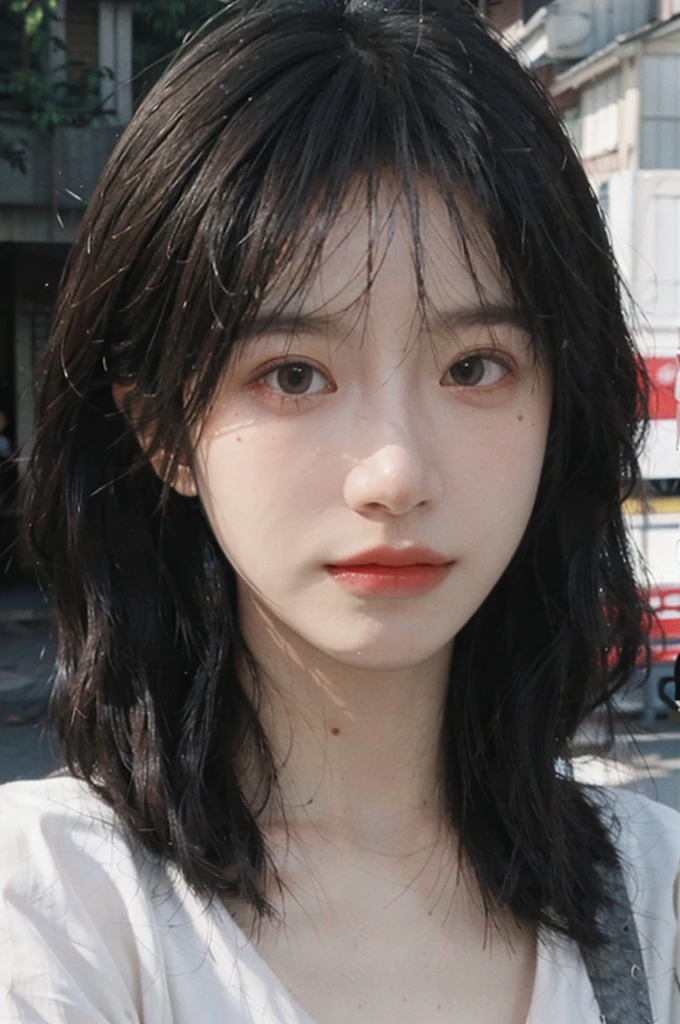 (Skin details:1.4), (smooth skin textures:1.3), Lipstick, background,海滩background, Direct vision, earrings, serene, calm, (Realistic and detailed eyes:1.2), Natural skin texture, Realistic facial details, Soft dramatic lighting, Vivid details, 35 mm film, outdoor, (Photo Practical:1.4), (hyper Practical:1.4), (Practical:1.3), (Smoother lighting:1.05), (Improve lighting quality:0.9), (Highest quality real skin textures:1.4), Exquisite eyes, Delicate face, Close-up of face, (Enhance the beauty of skin texture:1.1), Hair details, Vest,normal body ratio, short hair, Moles under the eyes, thinking, A faint smile,公园background,Portrait Photography, Depth of Field, Bokeh, Surrealism, Ray Tracing, (Portrait Photography:1.1), Surrealism, High Detail, Chiaroscuro, Ray Tracing, reflected light, Ultra HD, Ultra HD, masterpiece, Textured Skin, Super Detail, High Detail, high quality, best quality