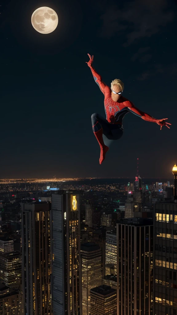 Markoth Robby, a 4K masterpiece with incredible detail, depicts a superhero on top of a city. He wears a Spidey costume, with flowing blond hair and piercing blue eyes. on price, he jumps from one building to another, displaying your strength and agility. The city's night scene, with dynamic lights and the full moon, completes the epic atmosphere.”