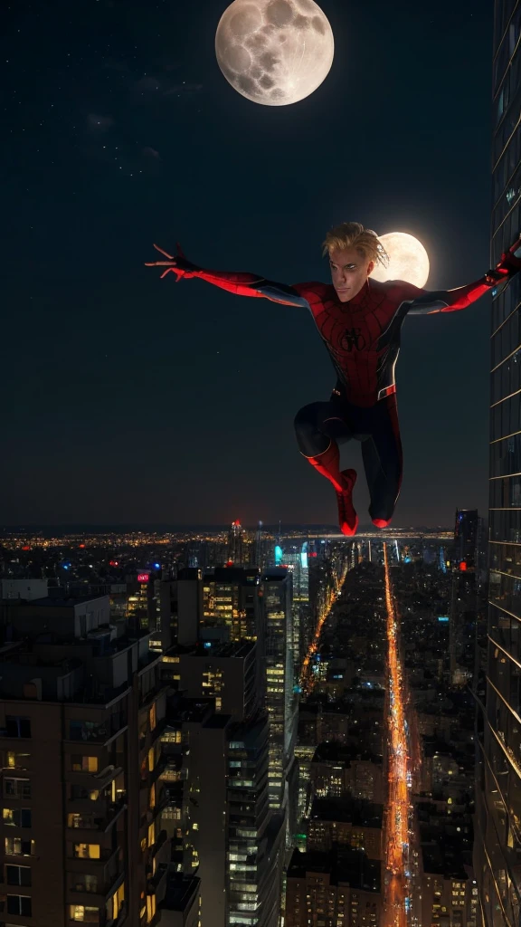Markoth Robby, a 4K masterpiece with incredible detail, depicts a superhero on top of a city. He wears a Spidey costume, with flowing blond hair and piercing blue eyes. on price, he jumps from one building to another, displaying your strength and agility. The city's night scene, with dynamic lights and the full moon, completes the epic atmosphere.”