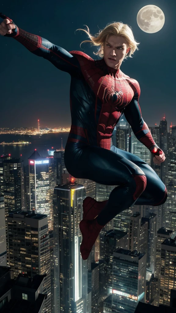 Markoth Robby, a 4K masterpiece with incredible detail, depicts a superhero on top of a city. He wears a Spidey costume, with flowing blond hair and piercing blue eyes. on price, he jumps from one building to another, displaying your strength and agility. The city's night scene, with dynamic lights and the full moon, completes the epic atmosphere.”