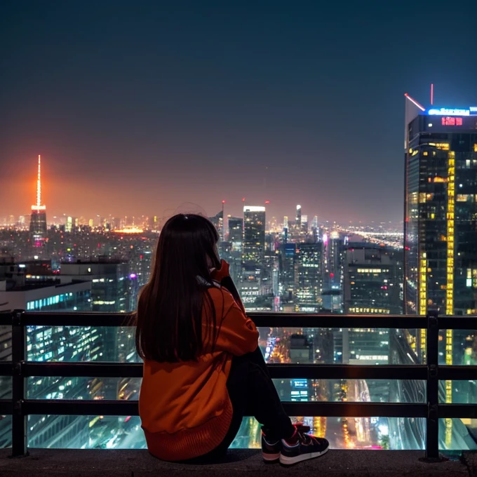"The cityscape lit by streetlights and neon lights spreads out before your eyes.。Orange sunset visible between skyscrapers、A 16-year-old girl is sitting on a bench in the city、Gazing into the distance。The girl&#39;s long hair is fluttering in the wind、I&#39;Carrying a backpack、A thin blanket and old books are scattered on the bench.。The library building can be seen nearby..、The tranquil atmosphere of the library。Skyscrapers lined up in the background、Street illuminated by neon lights。Car headlights illuminate the street、people々々Busy passing by.。The stars are beginning to shine in the sky、Based on the orange and pink of the sunset、夜のgreenと紫のトーンが混じる。Bright colors of neon lights（red、green、green, wait.）Used as an accent、The girl and the bench are illuminated by a warm light.。Overall loneliness and hope、The emotions swaying between dream and reality are expressed..、The strength hidden in silence、A fantastical atmosphere that gives a sense of hope for the future。"。", High resolution, masterpiece, Highest quality, Intricate details, Very detailed, Clear focus, Delicate skin, practical skin texture, texture, Delicate eyes, Professional, 4K, Shot with Canon, 85mm, Shallow and deep,  Kodak Vision Color, that&#39;s right, Very detailed, photograph_\(Extremist\), photographpractical, practical, Post-processing, Maximum details, Roughness, Real Life, Extremist practical, Photorealism, photographgraphy, 8K Ultra HD, photographgraphy
