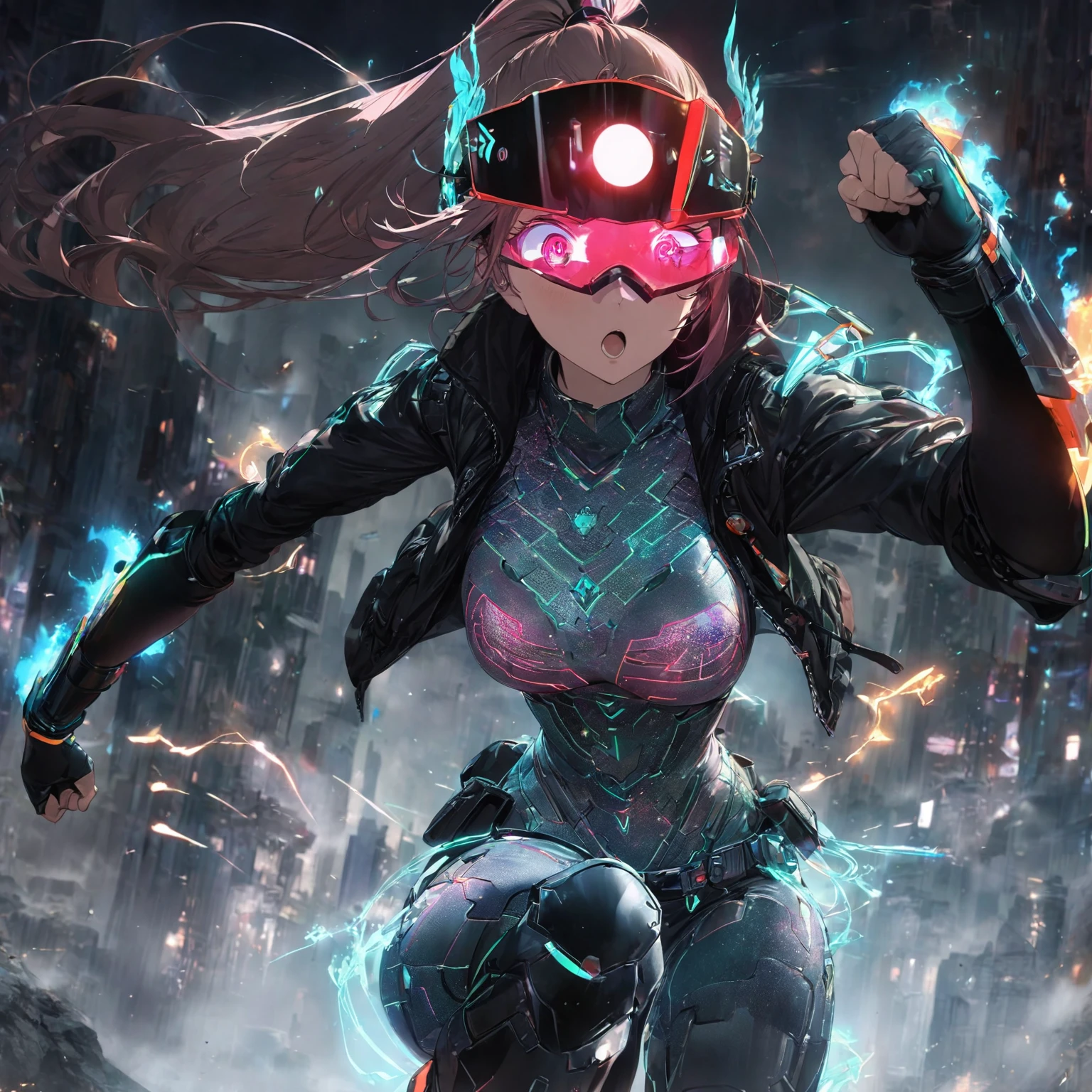 A girl with an athletic build, (nude:0.8), in a dynamic pose showcasing agility, with an excited facial expression, wide sparkling eyes, a broad smile or shout, and clenched fists, wearing a sleek, fitted, armored bodysuit with reinforced segments and glowing circuitry patterns, a cropped, high-collar leather jacket with metallic studs, lightweight cyber-enhanced bracers with holographic interfaces, fingerless gloves with glowing runes, combat-ready pants with reinforced knee pads and utility pockets, a utility belt with a glowing buckle, high-tech shin guards with thrusters and retractable blades, sturdy knee-high combat boots with reinforced soles, her hair styled in a high ponytail or braided with metallic threads and glowing beads, a sleek augmented reality visor with metallic feathers, in a color scheme of dark tones with bright glowing accents, a short, asymmetrical color-changing cloak with glowing runes, and small mystical charms or amulets, in a dark and dramatic setting with a ruined cityscape or futuristic battleground, enhanced with sparks and energy surges illuminating the character and reflecting her fiery, powerful theme, with dynamic lighting emphasizing her energetic pose and excited expression, detailed gorgeous face| anime style| key visual| intricate detail| highly detailed| breathtaking| vibrant| panoramic| cinematic| Carne Griffiths| Conrad Roset| gibbli 8k