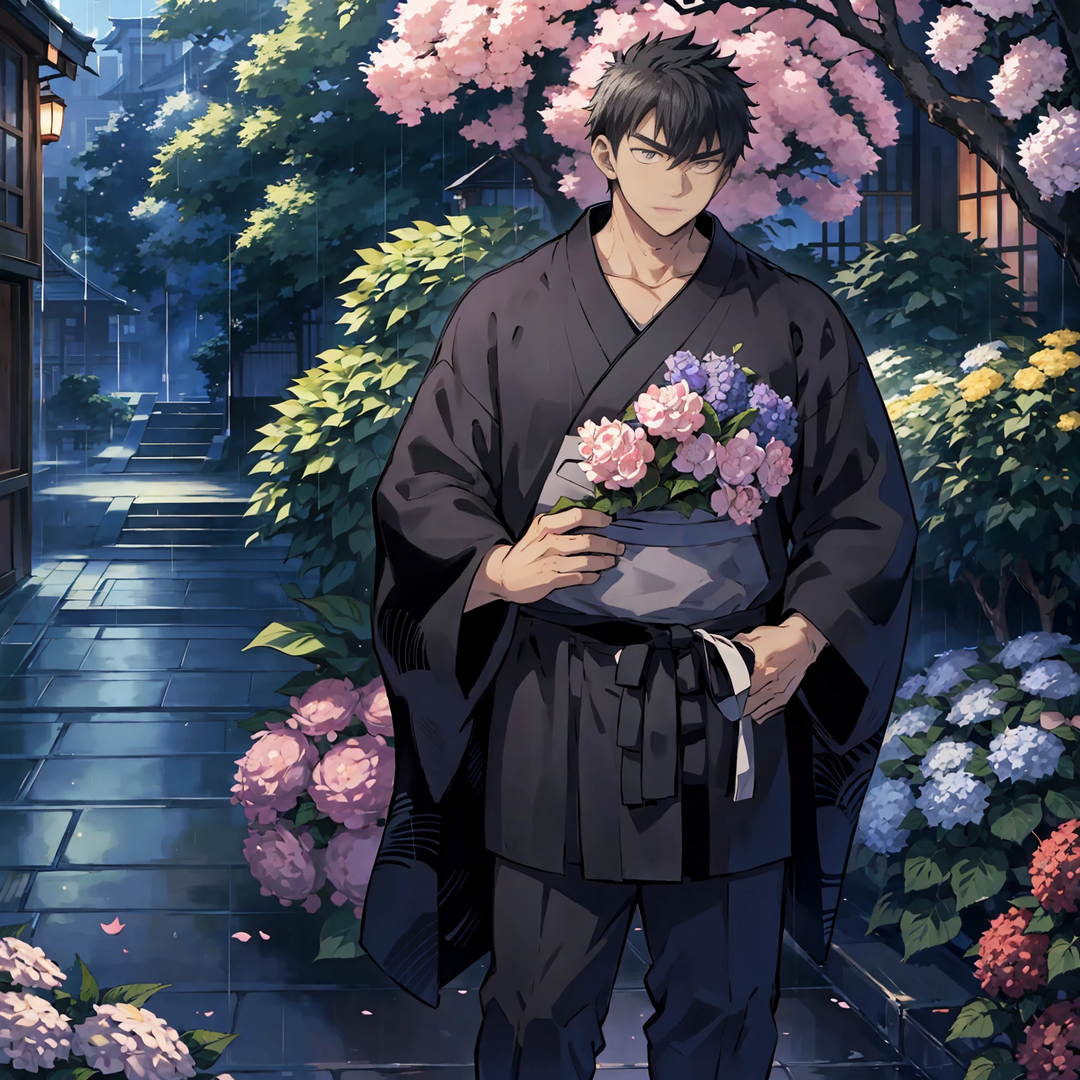 Japanese male, alone, full length view, young man in late 20s, young man standing in rain, holding Japanese umbrella, surrounded by hydrangea flowers, picturesque Japanese cityscape, anime-like image, high resolution, fantastic atmosphere, facing front, young man standing on right side, strong Young man, serious expression, black hair, dark blue kimono, black obi, black geta, person to right, left side open, top quality, clear eyes