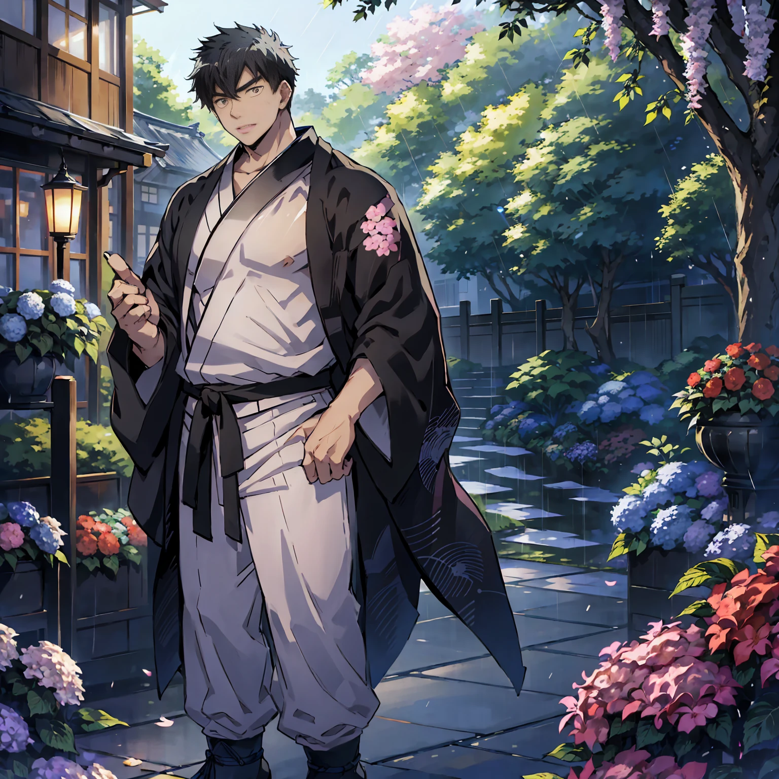 Japanese male, alone, full length view, young man in late 20s, young man standing in rain, holding Japanese umbrella, surrounded by hydrangea flowers, picturesque Japanese cityscape, anime-like image, high resolution, fantastic atmosphere, facing front, young man standing on right side, strong Young man, serious expression, black hair, dark blue kimono, black obi, black geta, person to right, left side open, top quality, clear eyes