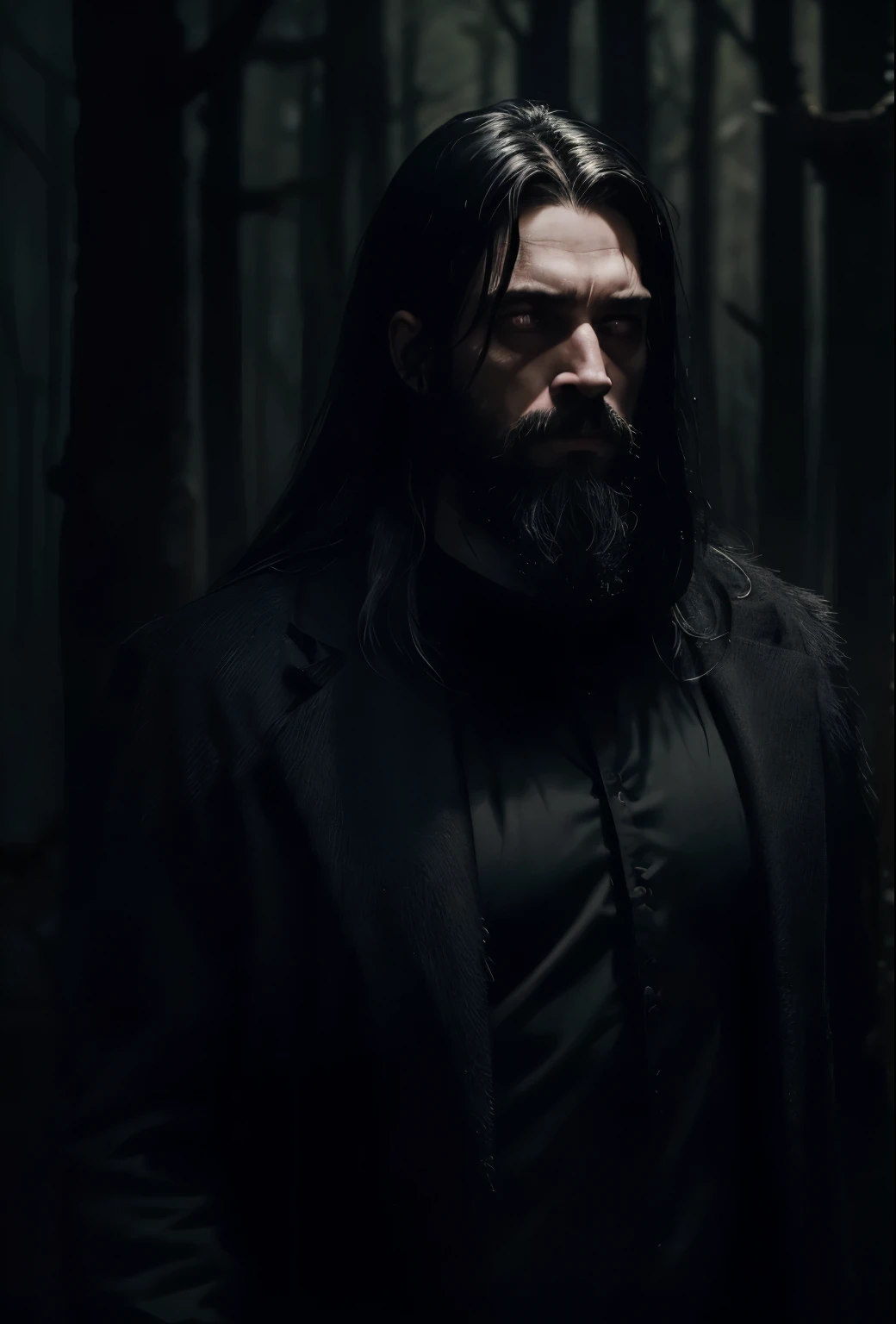 man in long black clothes with dirty small beard in the middle of a dense forest at night, portraite, dark scenery, horror style, nightmarish, macabre dinner, horror film, scared character, twisted and otherworldly forest, blood-stained character, moonless night, desolate and destroyed place, apocalypto