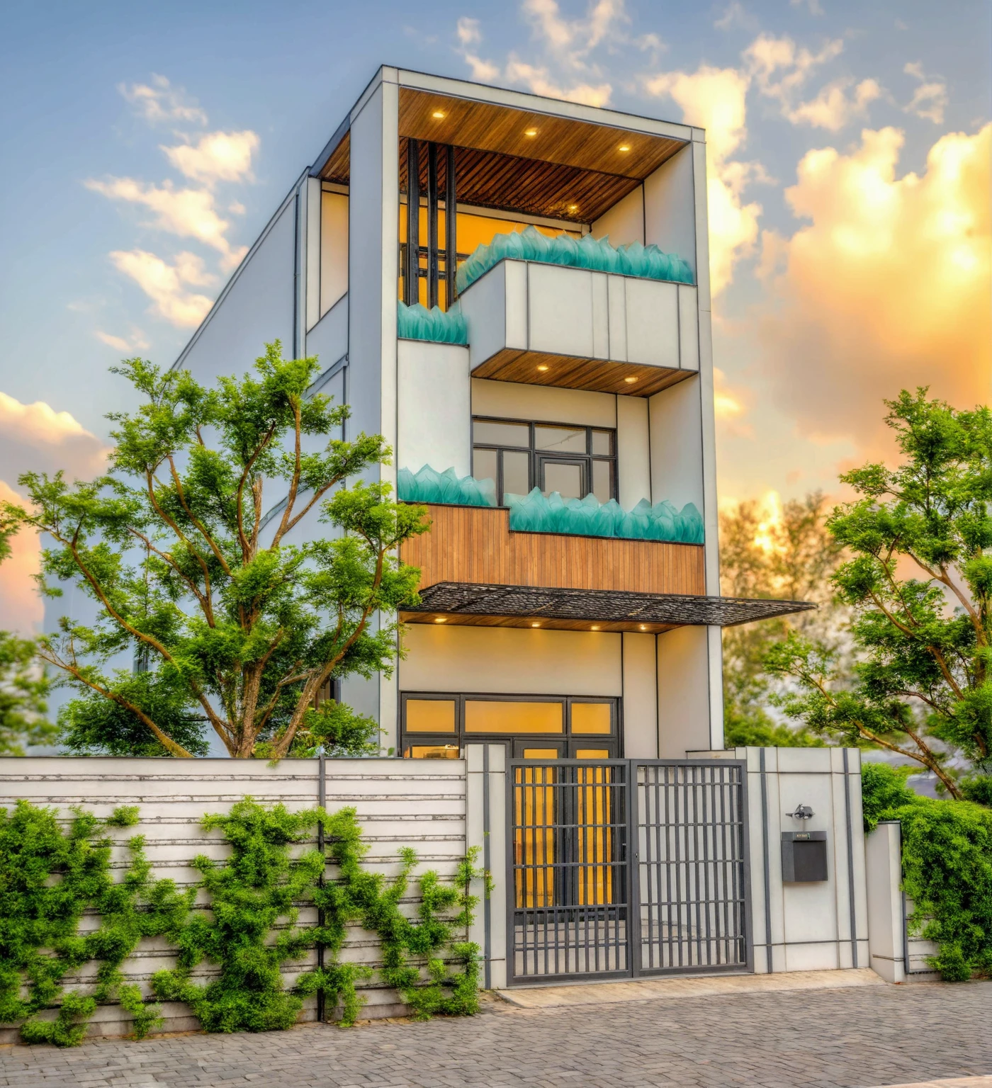 Masterpiece, high quality, best quality, authentic, super detail, outdoors, house style modern, bietthuhn, white wall, glass windows, gate road, pavement, grass, trees, Beautiful_sky, SUNSET, (day:1.1), realistic lighting