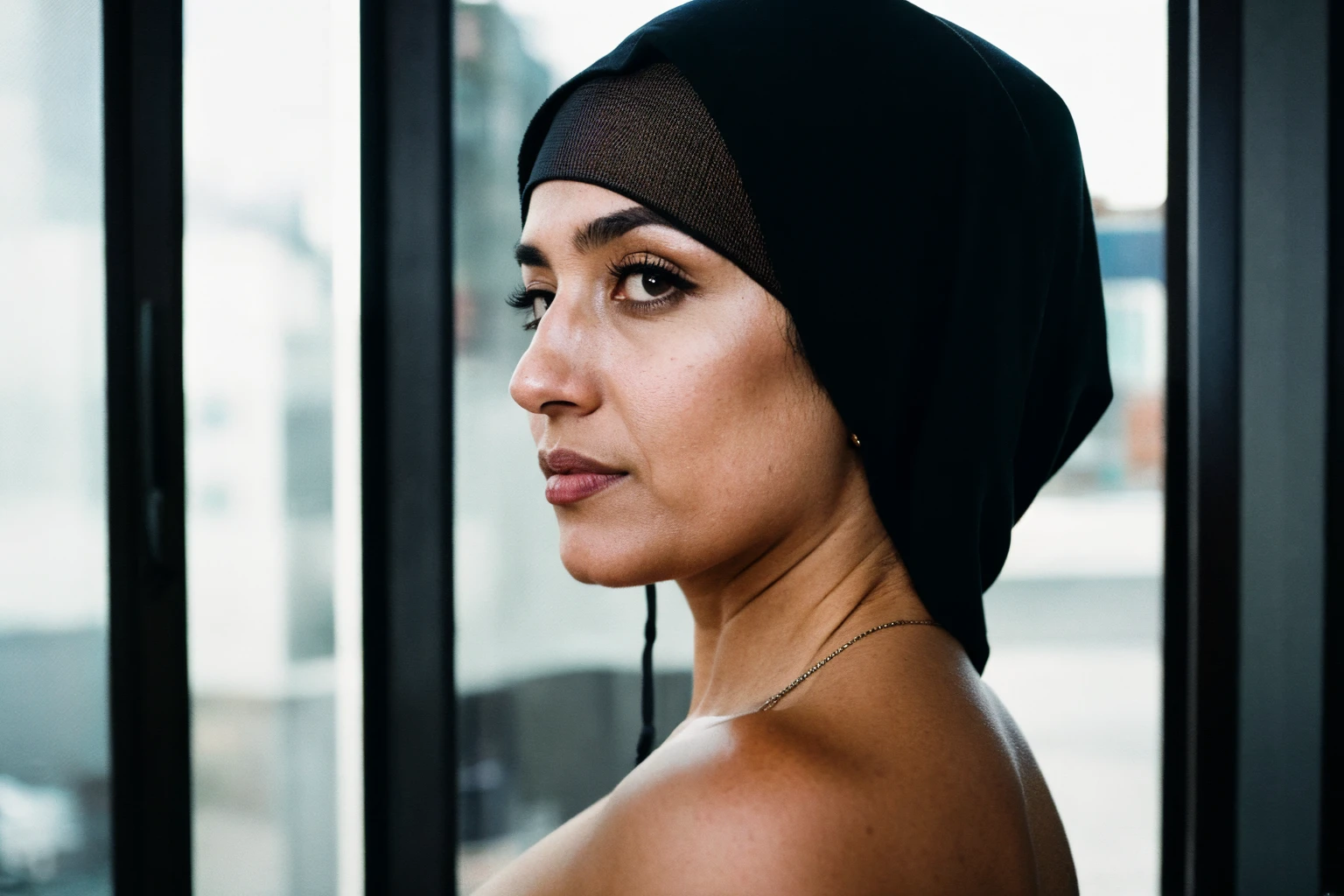 RAW photo,dark,moody,35mm focal lenght,underexposed,cold,candid photograph,artistic perspective,full body,photo of a beautiful,influencer,45yo Kurdish woman,black hijab, detailed skin,naked, looking away from viewer, thick body structure,grey background,no background, candid pose,dim room,blue light, film grain, kodak color, instagram LUT