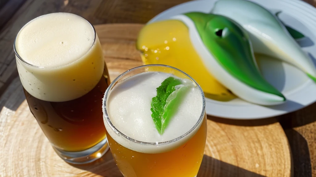 Top-down view of a glass of beer, with foam in the shape of a [dolphin head] in the center, detailed bubbles, and a golden hue, on a plain white photorealistic background.