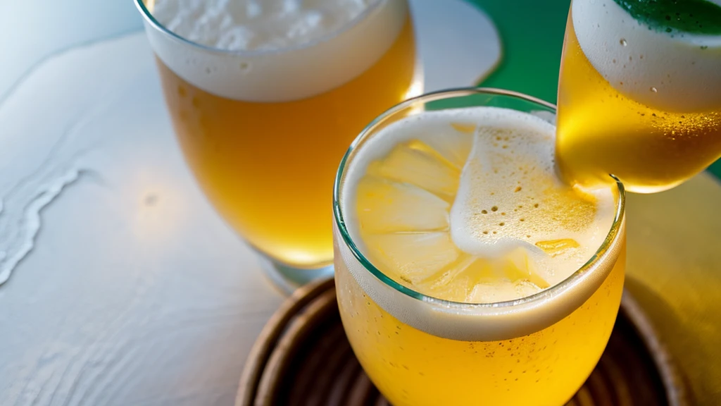 Top-down view of a glass of beer, with foam in the shape of a [dolphin head] in the center, detailed bubbles, and a golden hue, on a plain white photorealistic background.