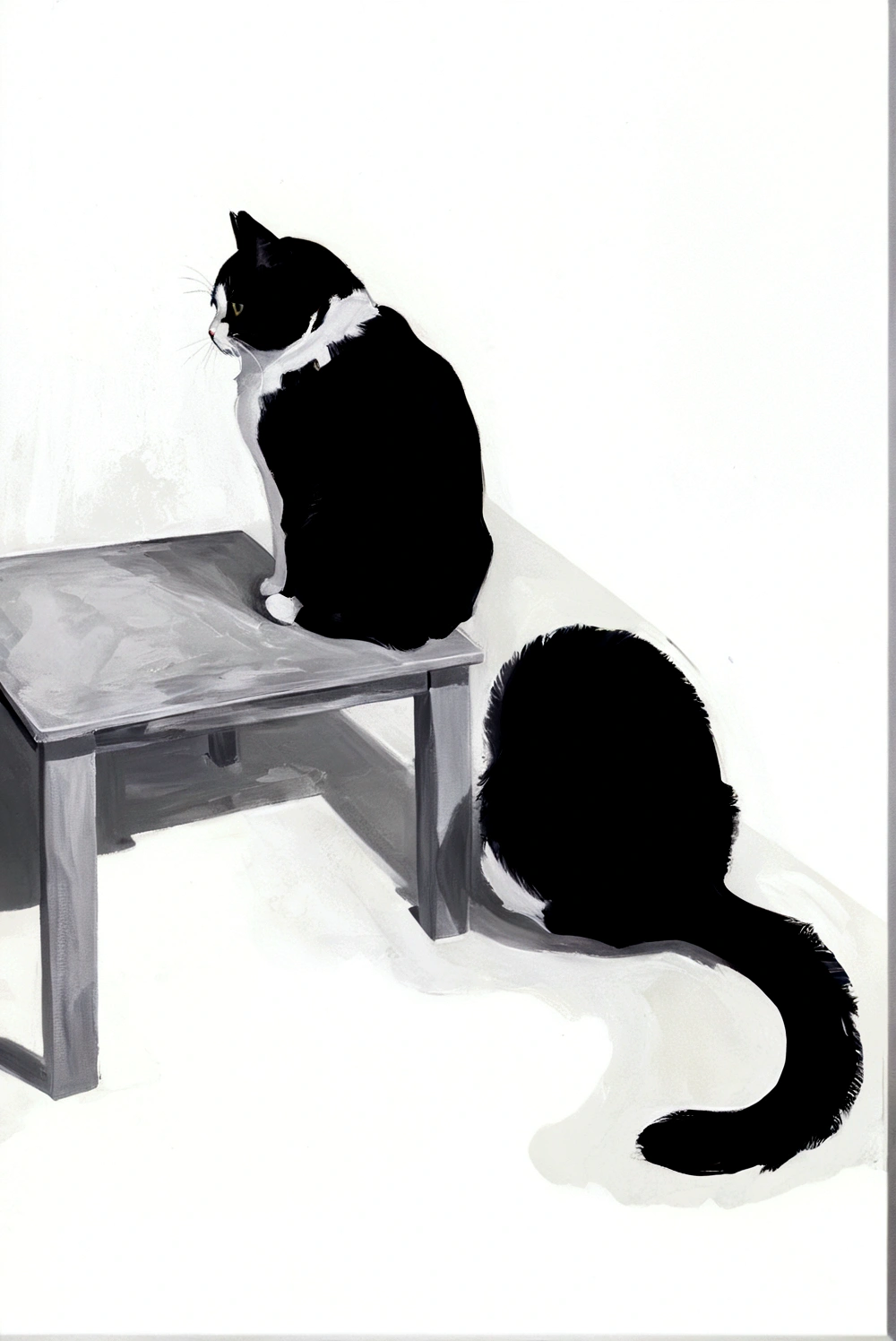 Fat Cat,whole body,bright,Black and white cat,On the table cabinet,Different backgrounds,Transparent glass,Abstract Art,Thick Texture Paint