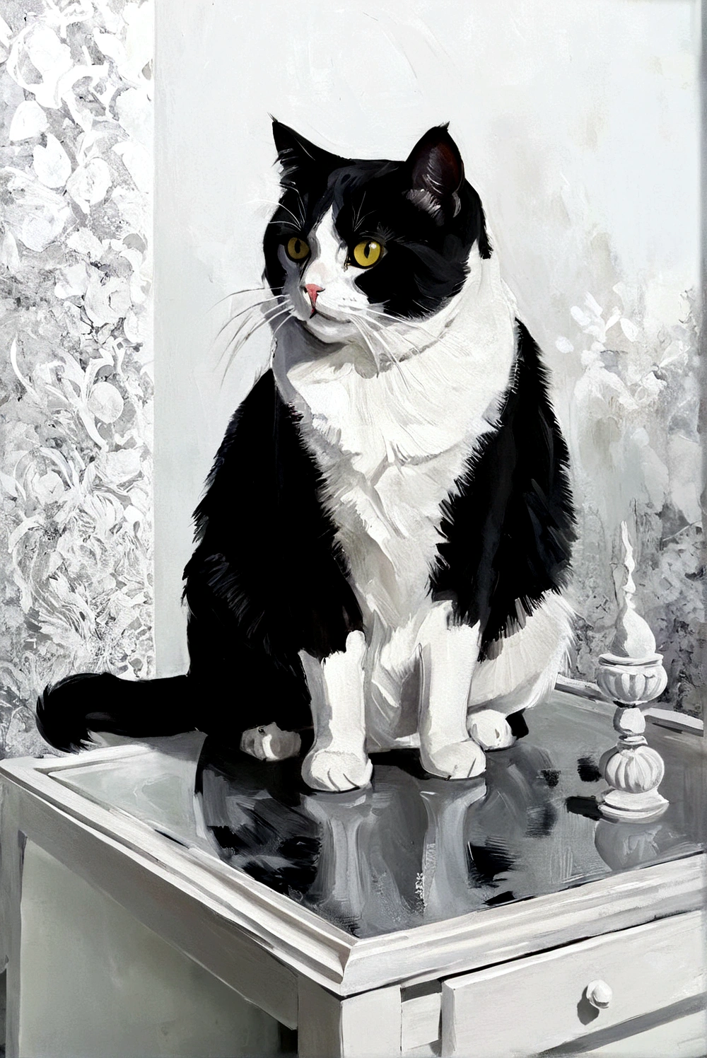 Fat Cat,whole body,bright,Black and white cat,On the table cabinet,Different backgrounds,Transparent glass,Abstract Art,Thick Texture Paint
