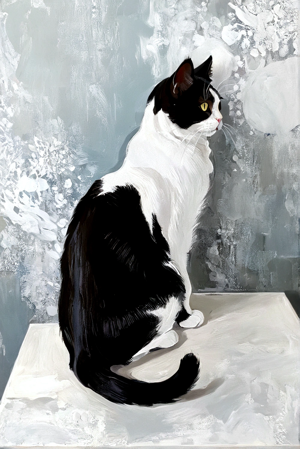 Fat Cat,whole body,bright,Black and white cat,On the table cabinet,Different backgrounds,Transparent glass,Abstract Art,Thick Texture Paint