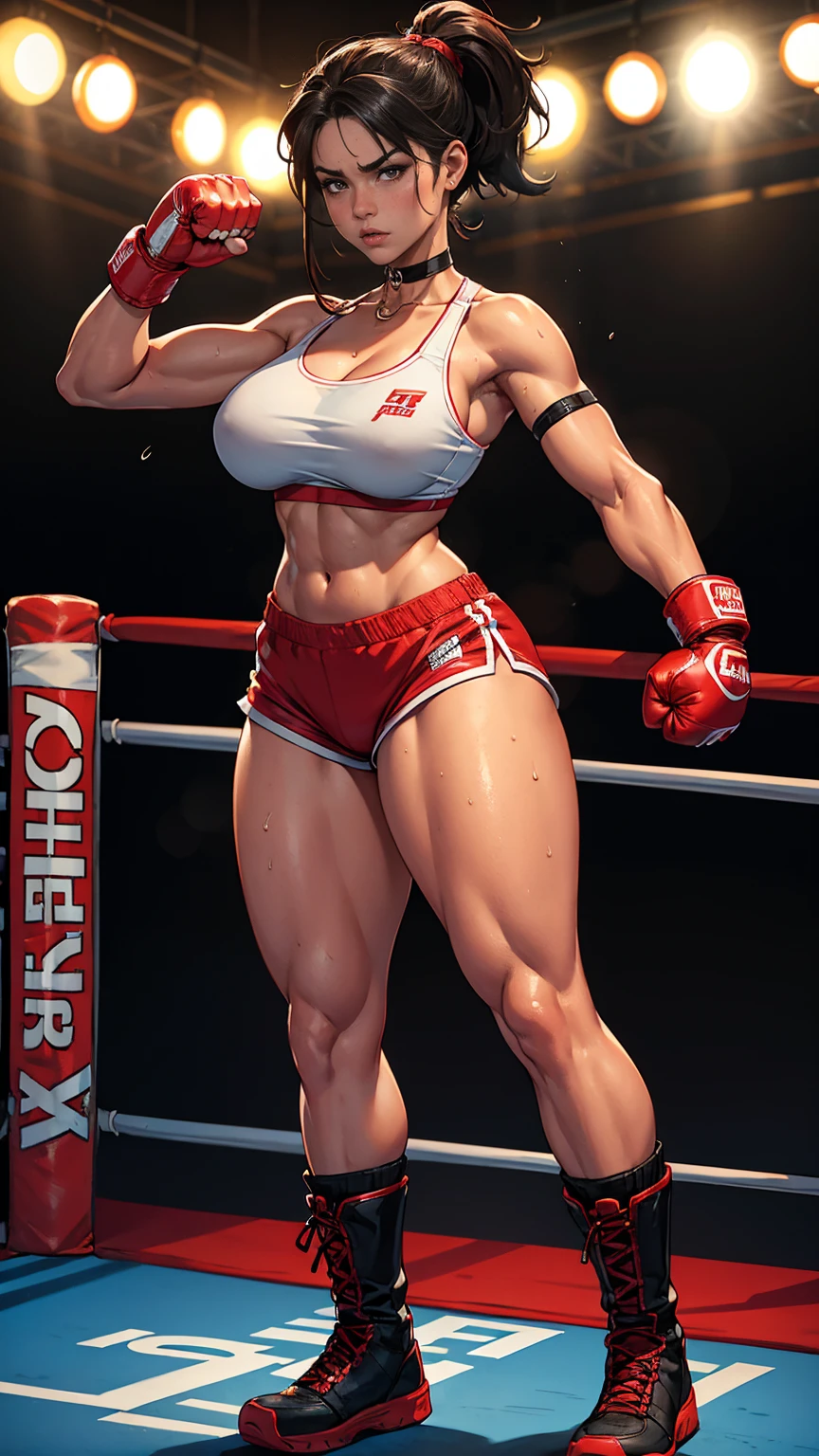 naked very muscular girl, Standing in a boxing ring in a fighting pose., boxing gloves on your hands, shy look, huge strong muscles, very large breasts, Colorful, Dark hair, Hair flutters、ephemerality、8K、masterpiece、bright